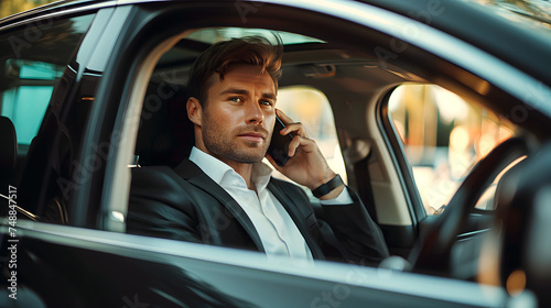 Photo of a businessman in a suit talking on a cell phone in a car. Ai generated. © Dzenka