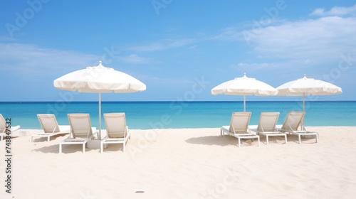 Panoramic view of chairs and white umbrella on beach. Banner  lots of copy space