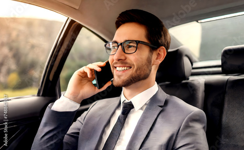 A businessman in a suit and tie talking on a cell phone in a car. Ai generated. © Dzenka