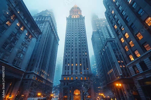 This image captures the serene beauty of an iconic, snow-covered Manhattan building at dusk, reminiscent of a bygone era