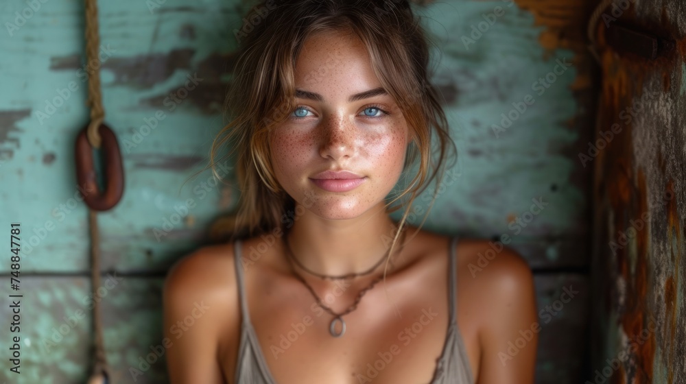 Fototapeta premium A young woman with blue eyes and a necklace., A beautiful girl posing in front of a wooden wall., A pretty lady wearing a gray tank top., An attractive young lady looking at the camera..