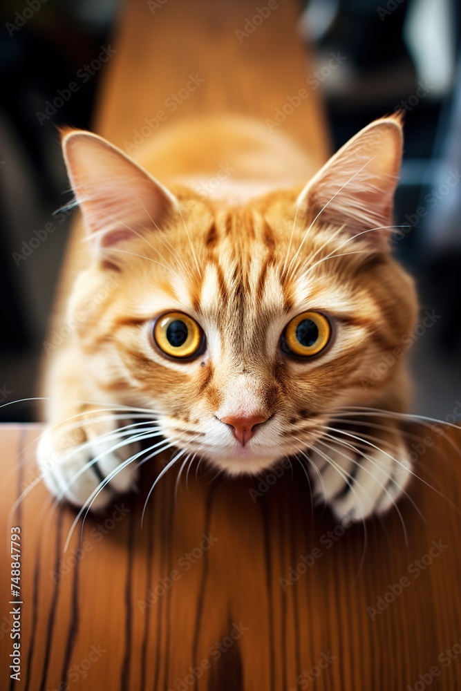 Portrait of a ginger cat on a wooden table. Shallow depth of field