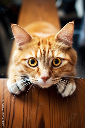 Portrait of a ginger cat on a wooden table. Shallow depth of field