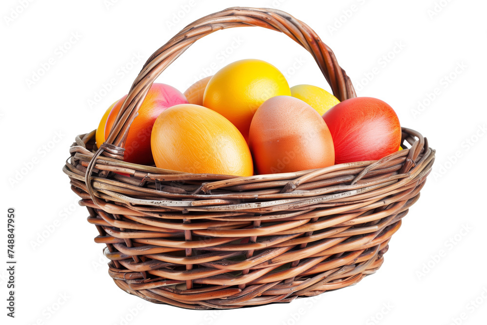 Multicolored painted Easter eggs in a wicker basket isolated on a transparent background Multicolored painted Easter eggs in a wicker basket isolated on a transparent background