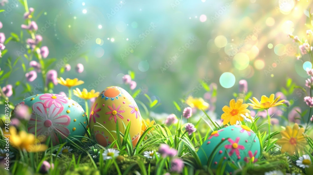 easter eggs in a fairy green nature, spring flowers, bokeh, 3D cartoon style, realistic and full detailled, easter eggs in a fairy green nature, spring flowers, bokeh, 3D cartoon style, realistic and full detailled,