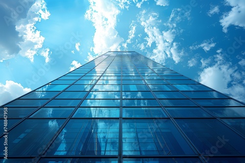 Skyward view of a towering glass skyscraper, reflecting the clouds and blue sky in a celebration of modernity