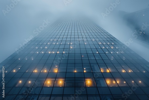 An evocative image of a skyscraper s lights glowing warmly as it fades into a blanket of evening fog