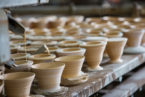Ceramic cups on assembly line in porcelain manufacturing plant.