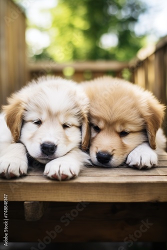 Cute Golden Retriever puppies sleeping next to each other outdoors