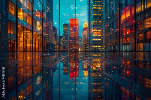 Stunning urban skyline with building reflections in vibrant twilight hues creates a futuristic city atmosphere