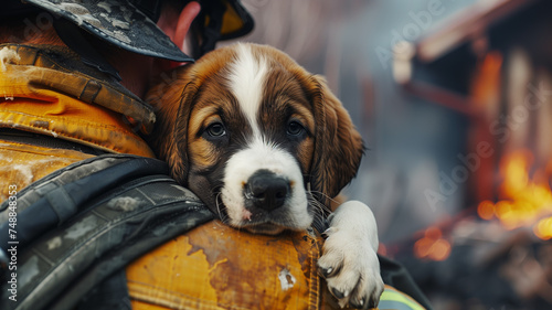 firefighter rescued St. Bernard puppy from a burning house. Portrait of a frightened puppy in the arms of fireman.