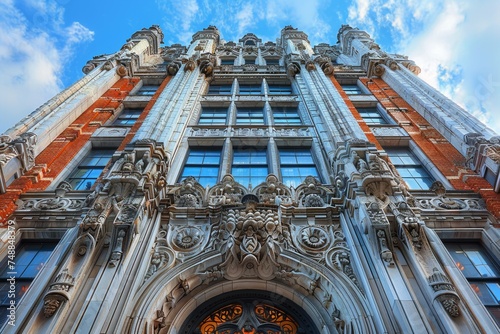 Stunning architectural shot of a highly ornate historic building, emphasizing the beautiful facade and intricate detailing against a vibrant blue sky photo