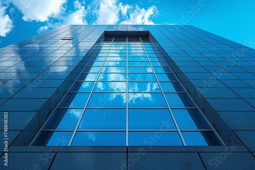 A towering modern skyscraper with a reflective glass facade showcasing the sky and clouds reflecting on it gives a sense of height and innovation