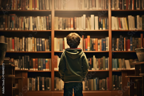 Generative AI photo of adorable cute little child in library with many books