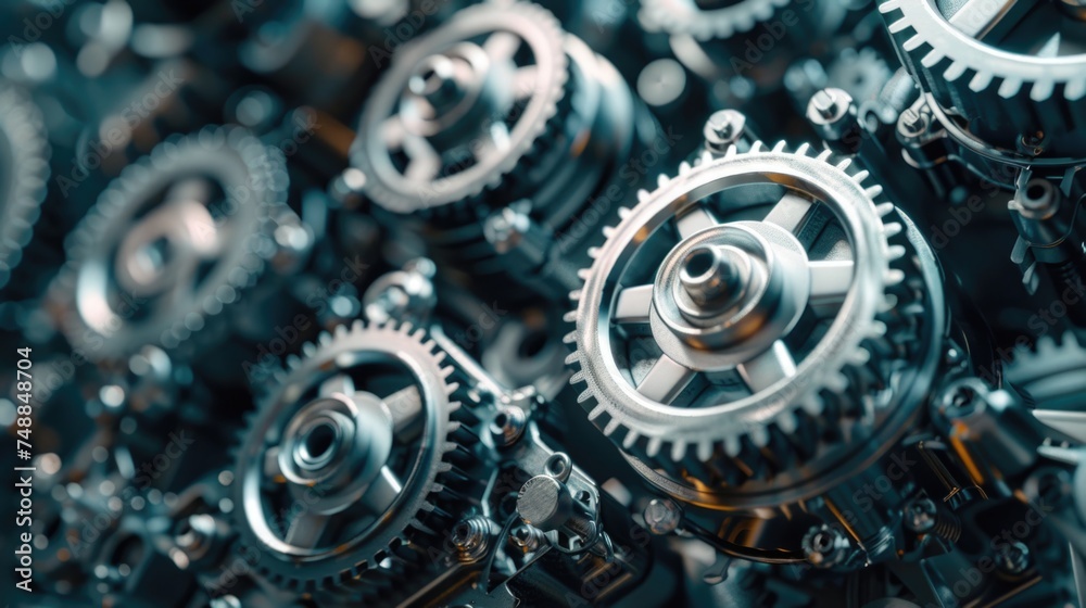 Complex array of metal gears and cogs in machinery. Complex array of metal gears and cogs in machinery.