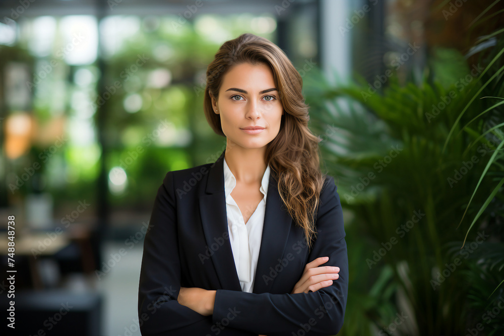 Generative AI image of female leader girl business woman posing crossed hands looking at camera in office Generative AI image of female leader girl business woman posing crossed hands looking at camera in office
