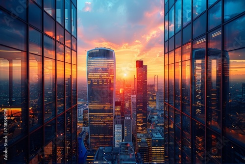 Magnificent cityscape with skyscraper windows reflecting the vivid colors of sunset representing urbanization and growth