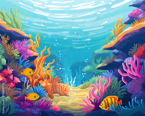 A serene underwater scene showcasing a school of colorful fish © BussarinK