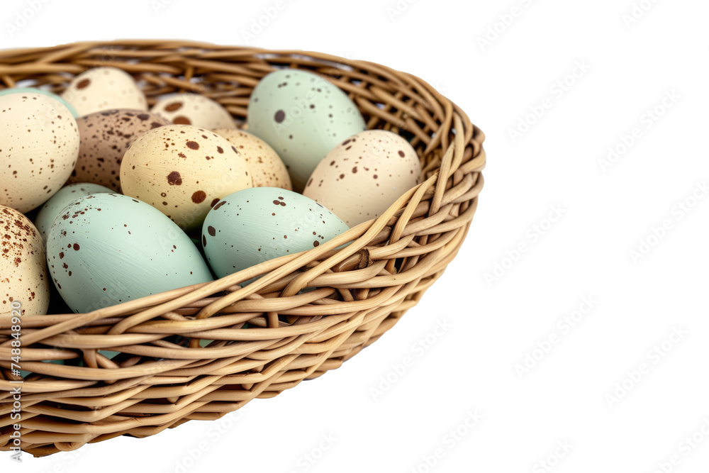 Wicker basket with painted quail eggs, Easter concept, isolated