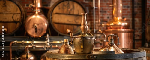 Vintage distillation equipment on wooden barrel in an old brewery.