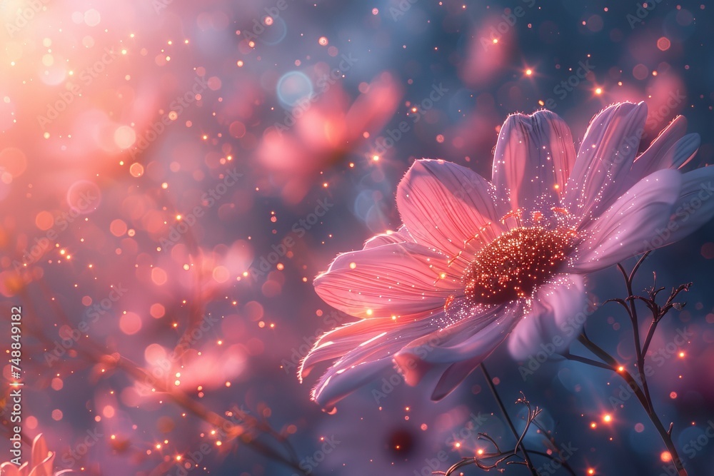 The image portrays cosmos flowers in a dream-like setting with glowing parti