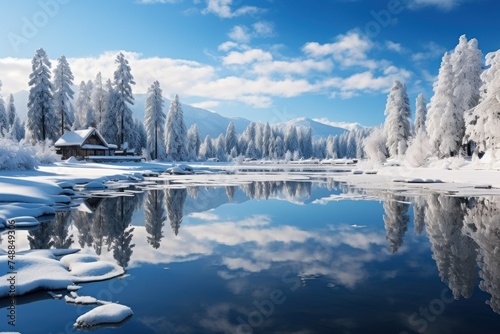 A lake surrounded by snow covered trees and ground in a winter landscape