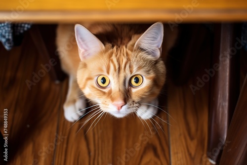 Cute ginger cat lying on the wooden floor and looking at camera © Obsidian