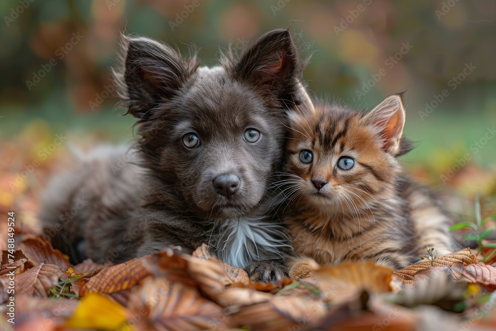 An adorable kitten nestled amongst vibrant autumn leaves, with a blurred square obscuring the feline's face for privacy