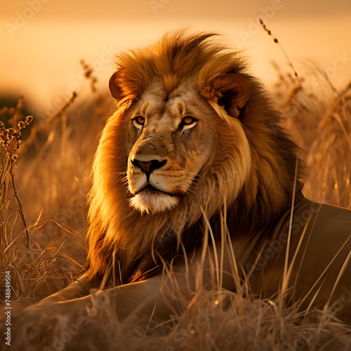 Spectacular Sunset Silhouette of a Majestic Lion on African Savannah