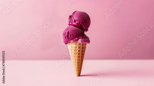 Cono de helado de fresa o frambuesa sobre un fondo rosa claro 