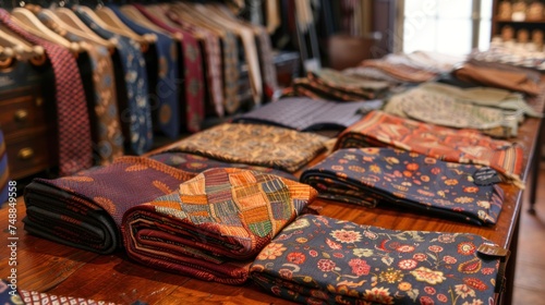 many vintage madder ties on a table in a luxurious tailor shop  photo