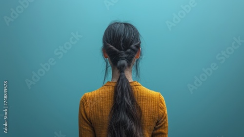 A woman with a ponytail and yellow sweater., The back of a woman's head wearing a yellow shirt., A girl with long hair in a braid., A person wearing a yellow top with their hair in a bun.. photo