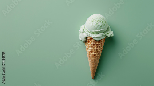 Cono de helado de menta sobre un fondo verde claro 