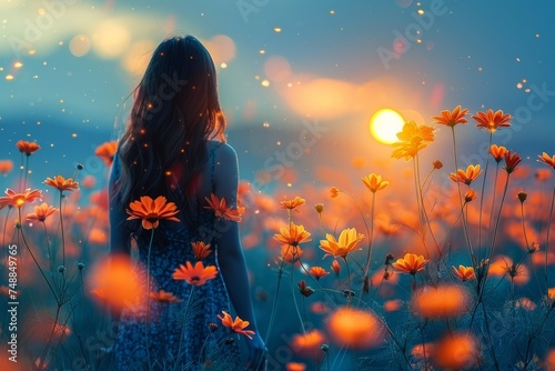 A tranquil image of a woman surrounded by vibrant orange flowers basking in the warm glow of a setting sun