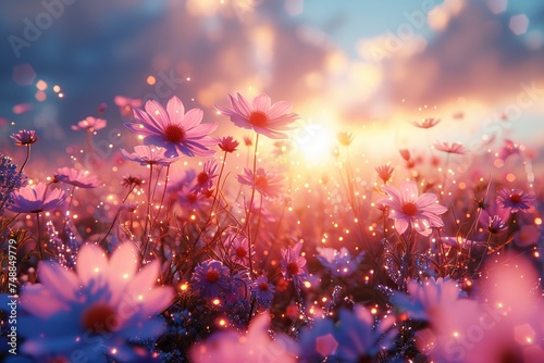 A radiant field of cosmos flowers basking in the soft light of the golden hour, casting a romantic and warm setting in nature © svastix