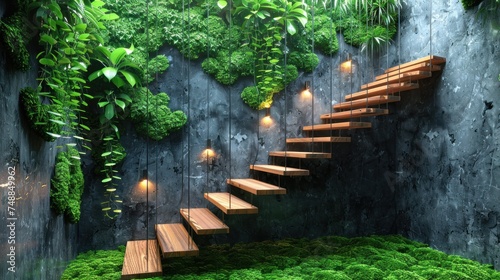 Hanging wooden stairs on artificial grass wall background Apartment staircase made of cables and wood apparently floating.