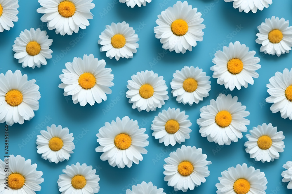 Pattern of white daisies with yellow centers on an azure background