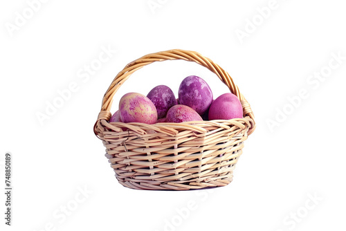 Traditional holiday eggs in wicker basket, isolated - Celebratory object.