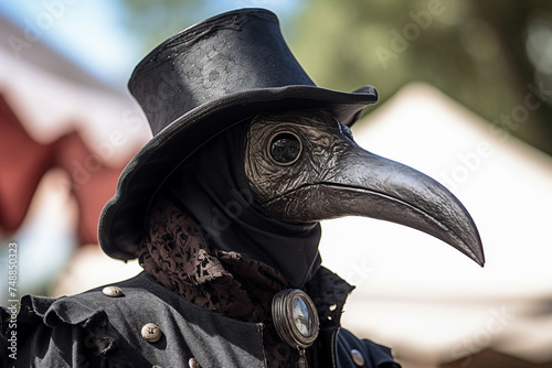 Digital creative generative ai collage of person wear plague doctor costume on historical event