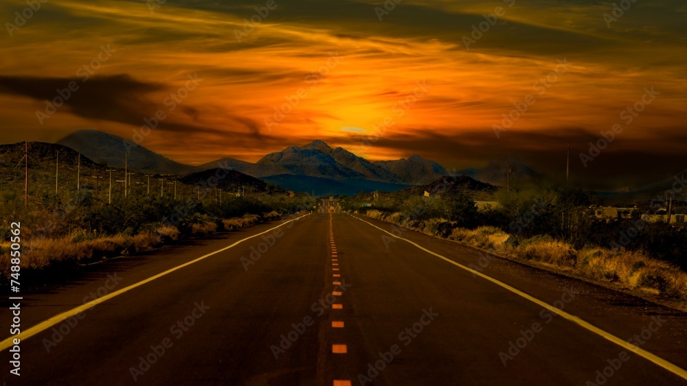 Traveling the open road with sunset over the highway