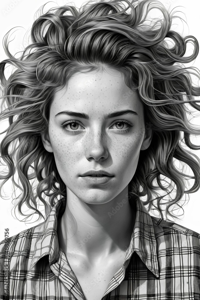 A beautiful black and white drawing of a portrait of a girl with messy hair. Generative AI