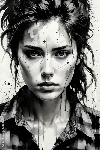 A beautiful black and white drawing of a portrait of a girl with messy hair. Generative AI