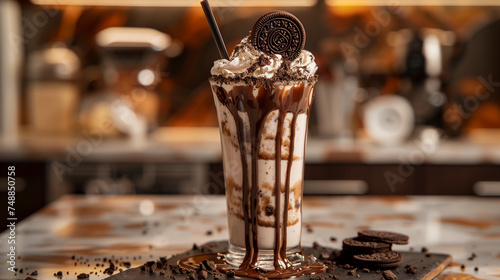 Decadent Chocolate Buscuit Milkshake in Glass with Whipped Cream photo