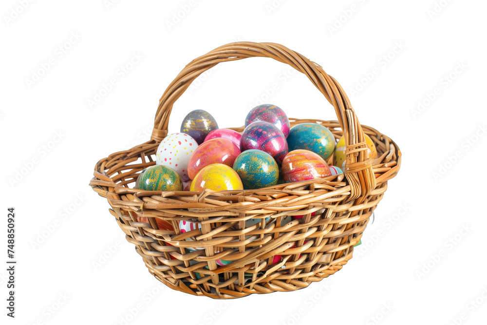 Decorative Easter eggs in wicker basket, transparent background - festive gift