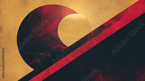 Geometric abstract background pattern. Red, vinous, black and gold colors. Abstract horizontal banner. 80's graphic design style. Digital artwork raster bitmap.  photo