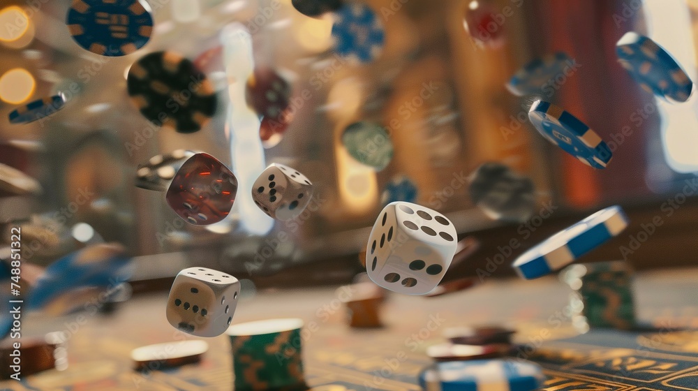 Dice and colorful poker chips in mid-air over a casino t 1 - obrazy, fototapety, plakaty 