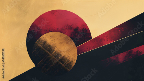 Geometric abstract background pattern. Red, vinous, black and gold colors. Abstract horizontal banner. 80's graphic design style. Digital artwork raster bitmap. AI artwork.