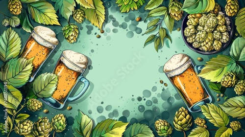 Wheat beer ads. hops and glasses photo