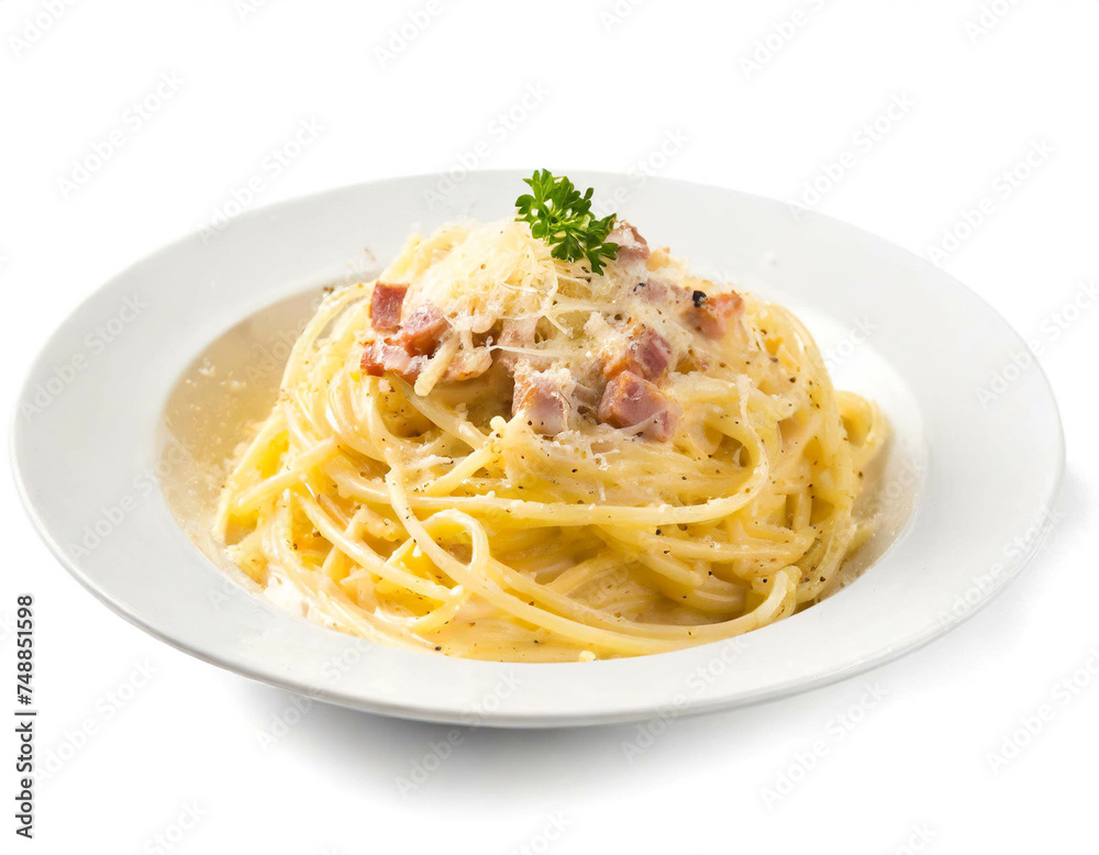 Spagetti Carbonara isoliert auf weißem Hintergrund, Freisteller Spagetti Carbonara isoliert auf weißem Hintergrund, Freisteller
