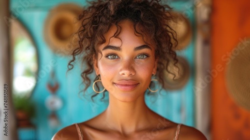 African American Woman with Large Earrings, Smiling Young Lady with Brown Hair and Blue Eyes, Gorgeous Girl with Beaded Necklace and Striking Features, 
